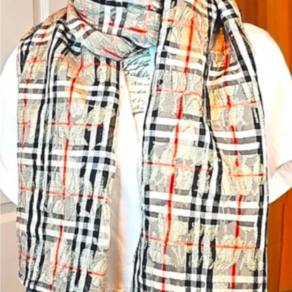 Rare Burberry Checkmark Gold Tulip Shawl Scarf—Plaid Scarf NWOT